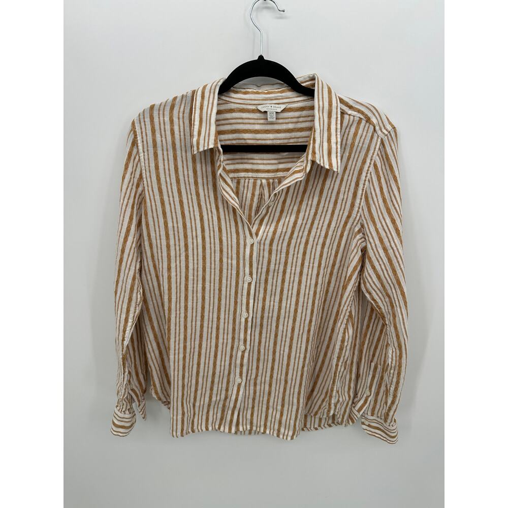 Lucky Brand Womens Orange White Striped Button Front Shirt Sz M Aztec Tribal
